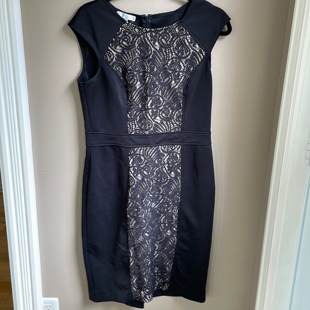 London Times black scuba dress with lined lacy cutout detail